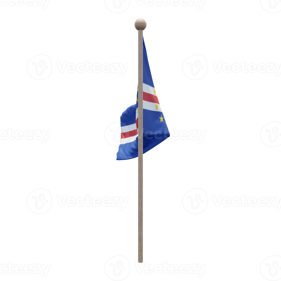 Cape Verde 3d illustration flag on pole. Wood flagpole png