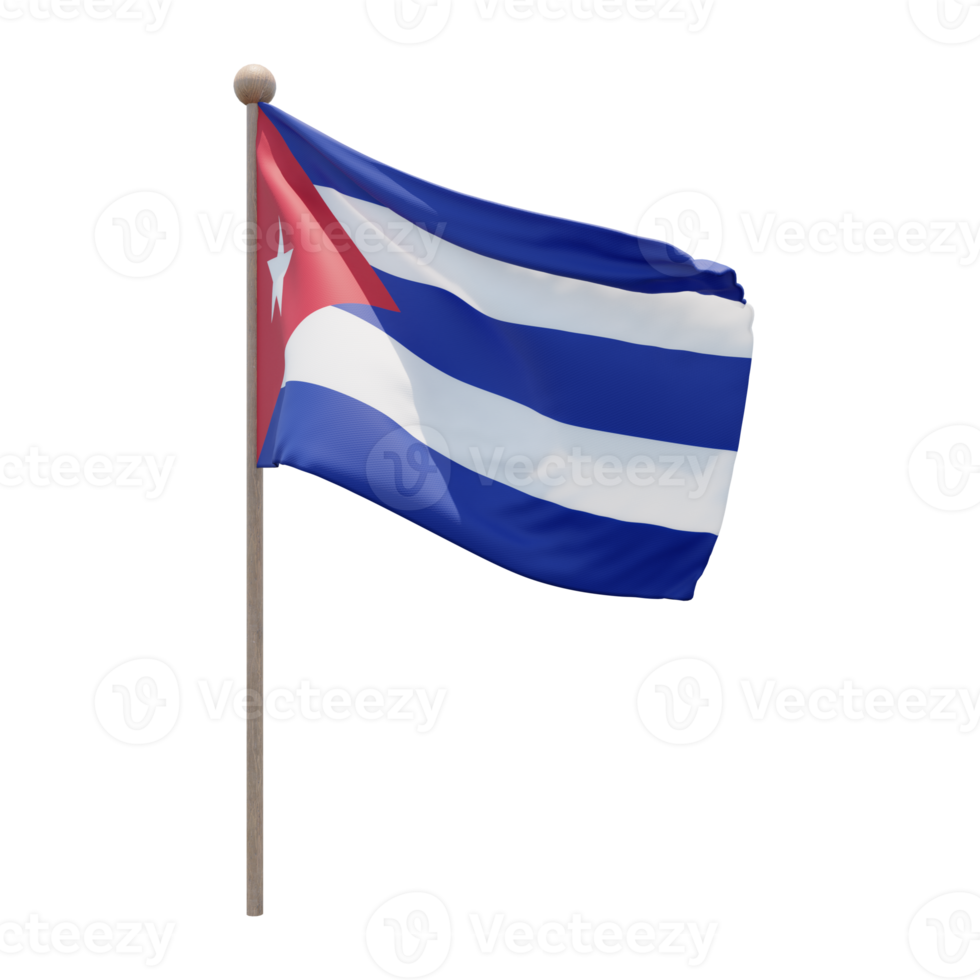 Cuba 3d illustration flag on pole. Wood flagpole png