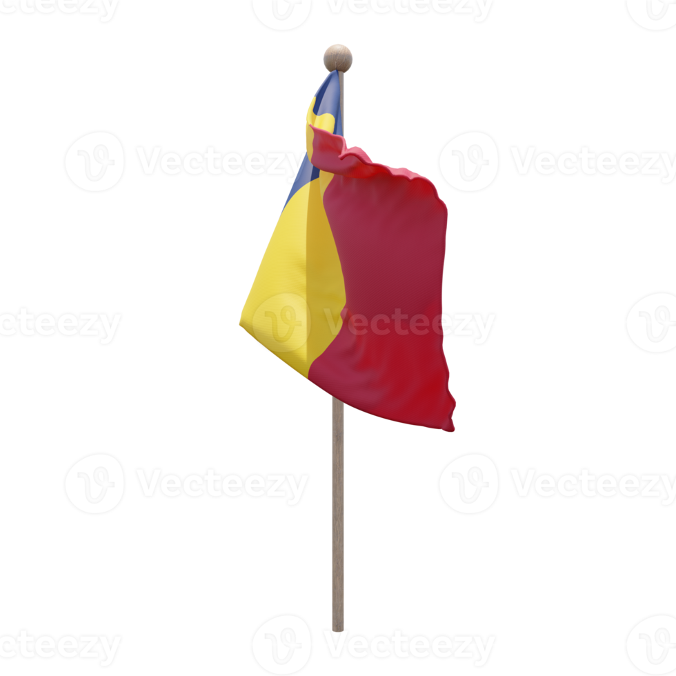 Chad 3d illustration flag on pole. Wood flagpole png