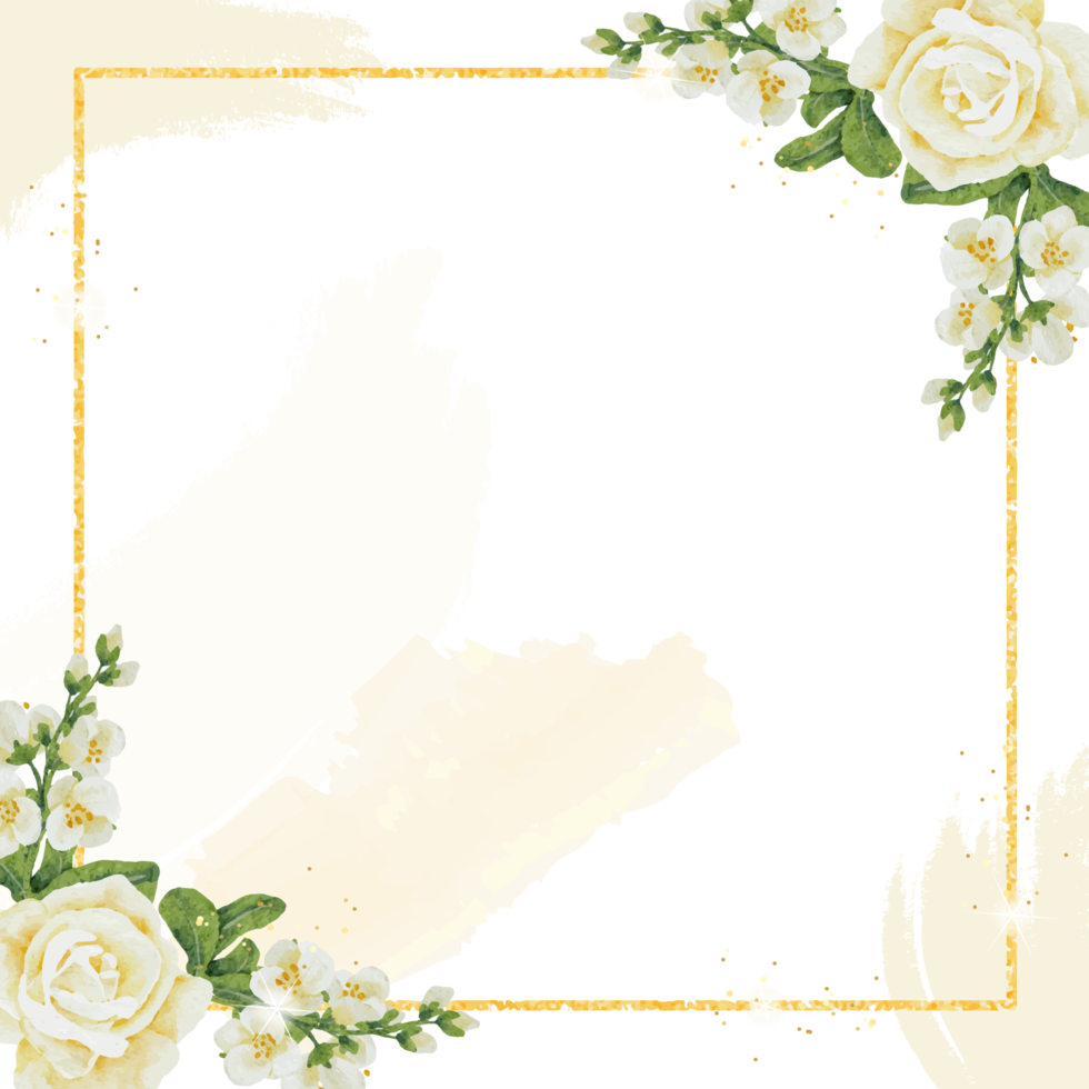 watercolor white roses bouquet with golden luxury square frame png