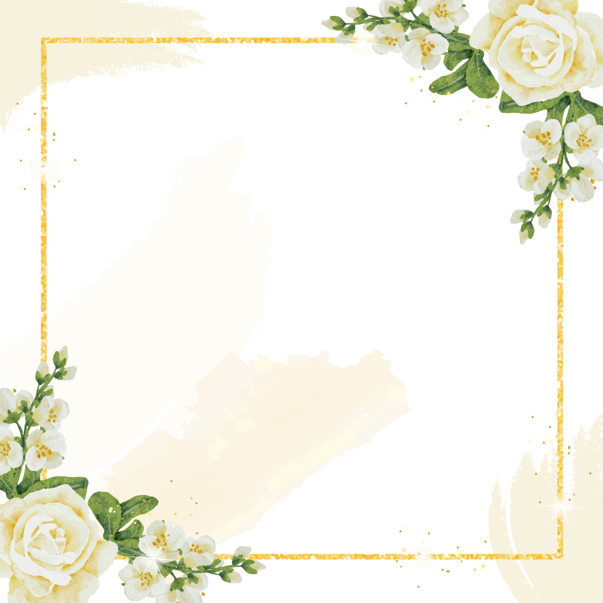 watercolor white roses bouquet with golden luxury square frame 11228771 PNG