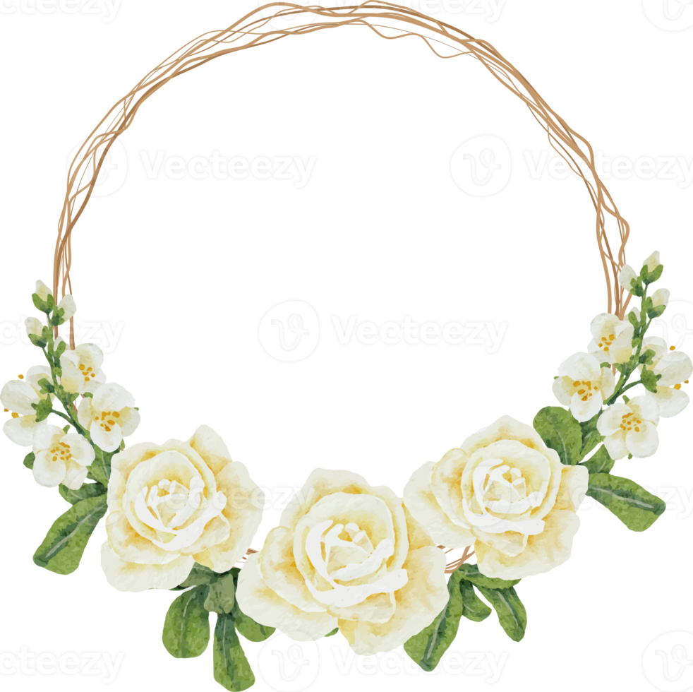 watercolor white rose flower bouquet on dry twig wreath frame png