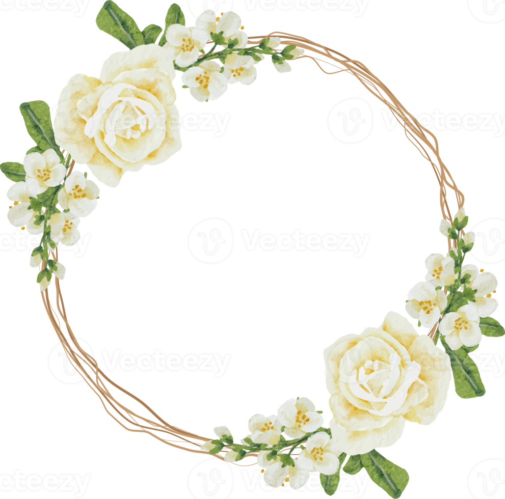 ramo de flores de rosa blanca acuarela en marco de corona de ramita seca png