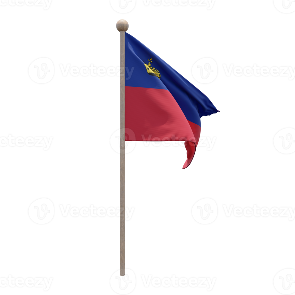 Liechtenstein 3d illustration flag on pole. Wood flagpole png