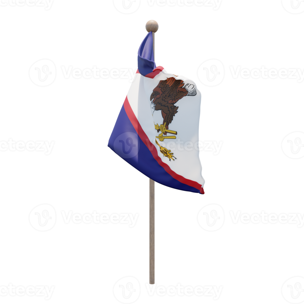 American Samoa 3d illustration flag on pole. Wood flagpole png