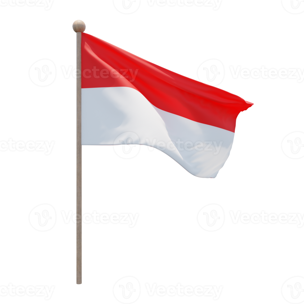 Indonesia 3d illustration flag on pole. Wood flagpole png