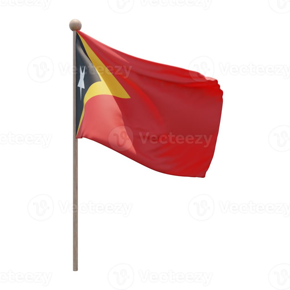 East Timor 3d illustration flag on pole. Wood flagpole png