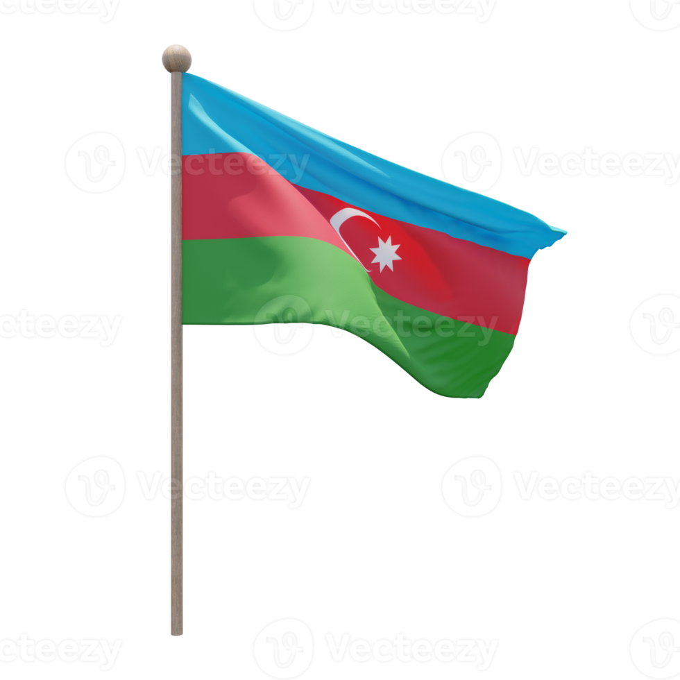 Azerbaijan 3d illustration flag on pole. Wood flagpole png