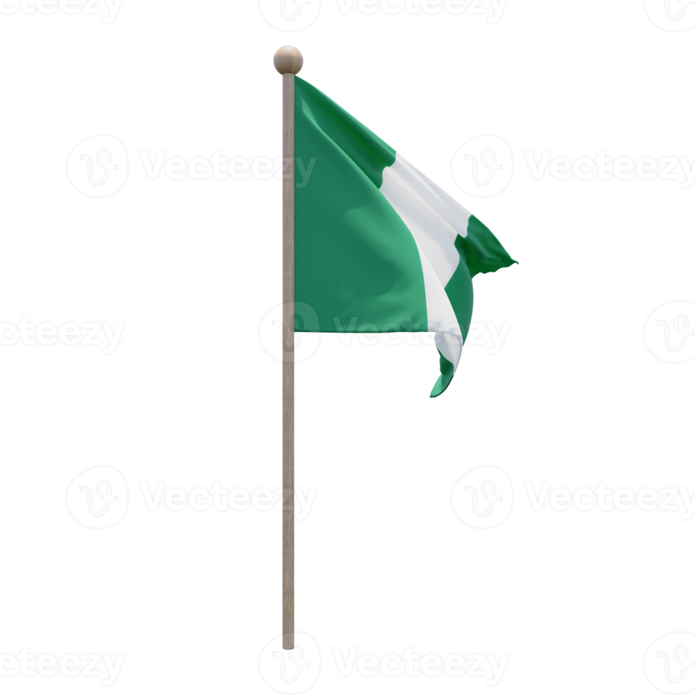 Nigeria 3d illustration flag on pole. Wood flagpole png