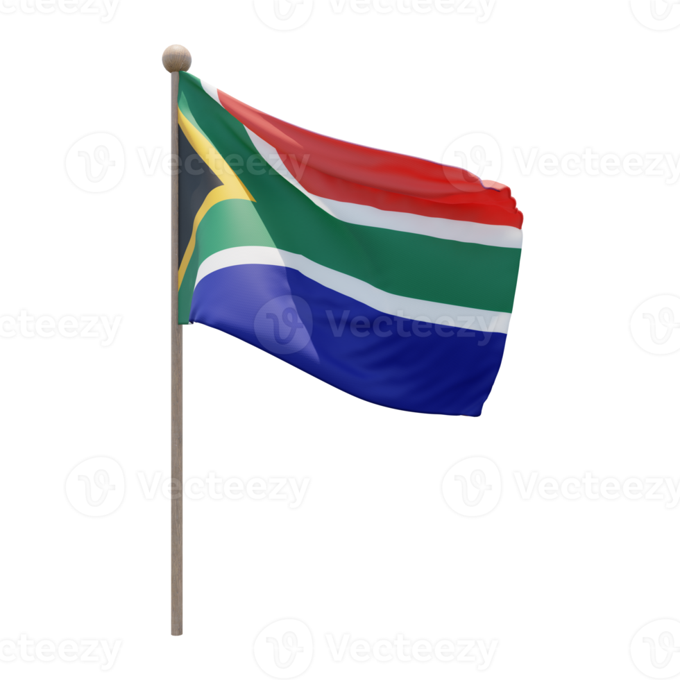 South Africa 3d illustration flag on pole. Wood flagpole png