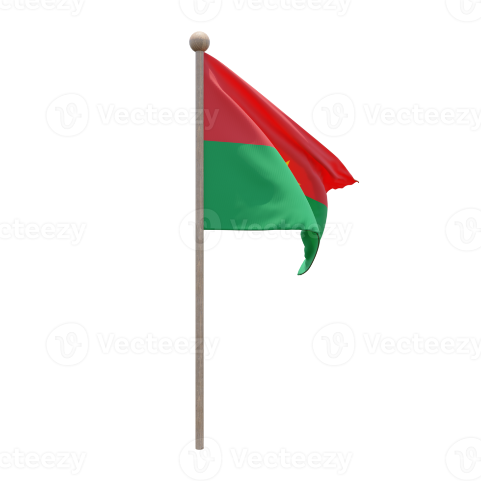 Burkina Faso 3d illustration flag on pole. Wood flagpole png