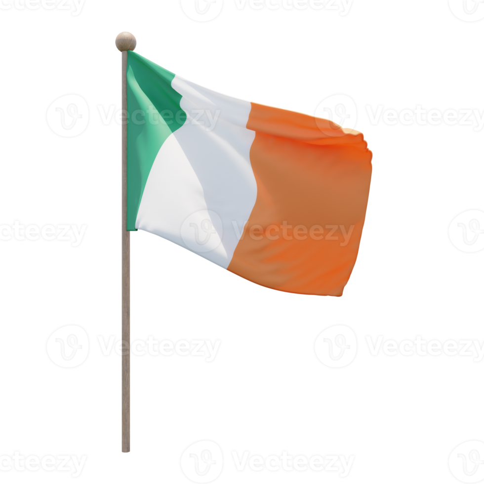 Irland 3D-Darstellung Flagge auf der Stange. Fahnenmast aus Holz png