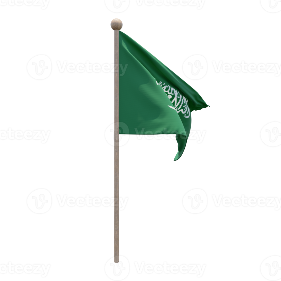 Saudi Arabia 3d illustration flag on pole. Wood flagpole png