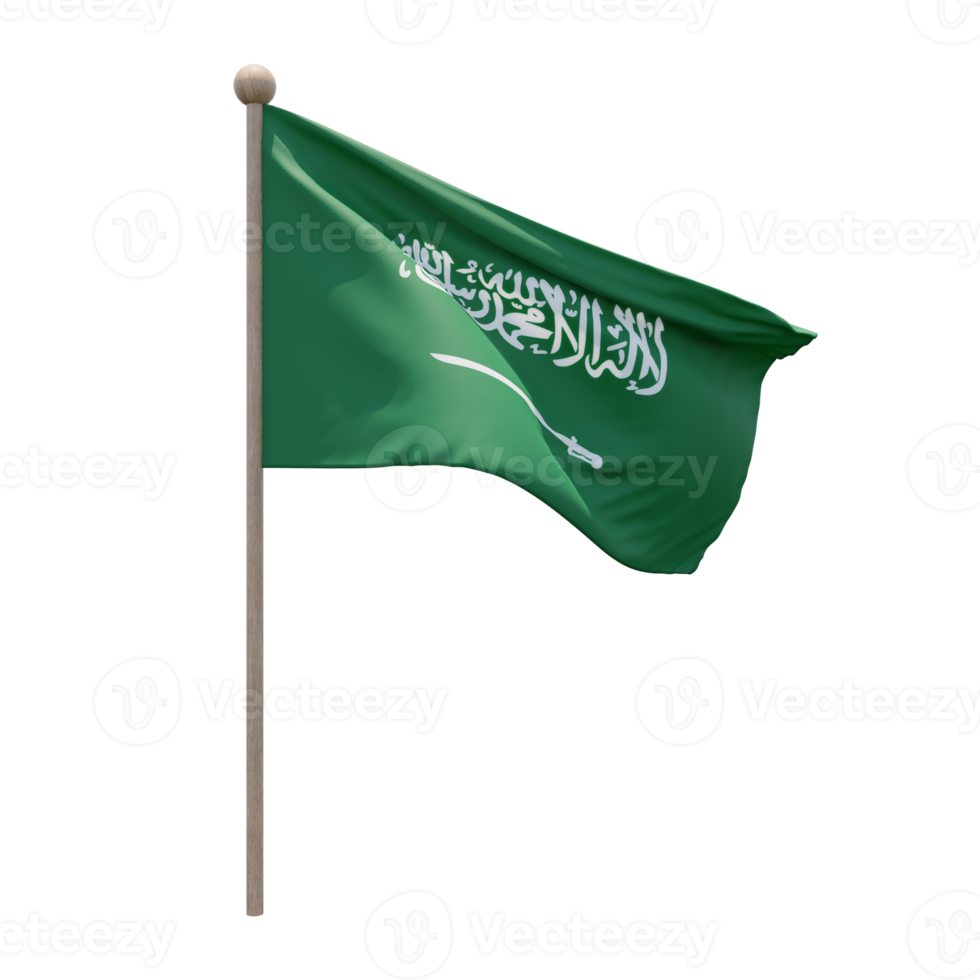 Saudi Arabia 3d illustration flag on pole. Wood flagpole png