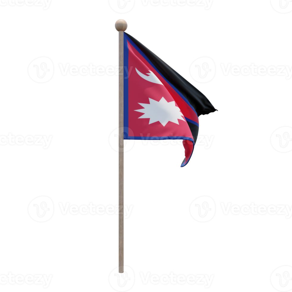 Nepal 3d illustration flag on pole. Wood flagpole png