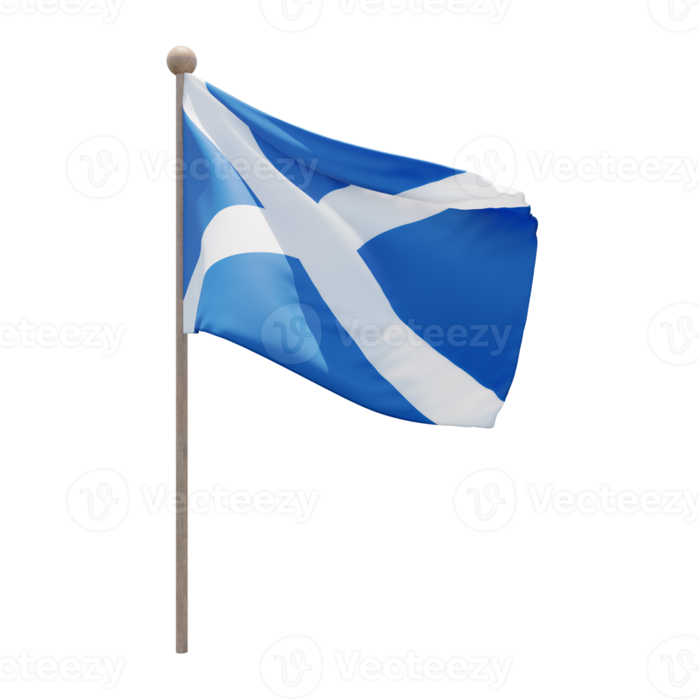 Scotland 3d illustration flag on pole. Wood flagpole png