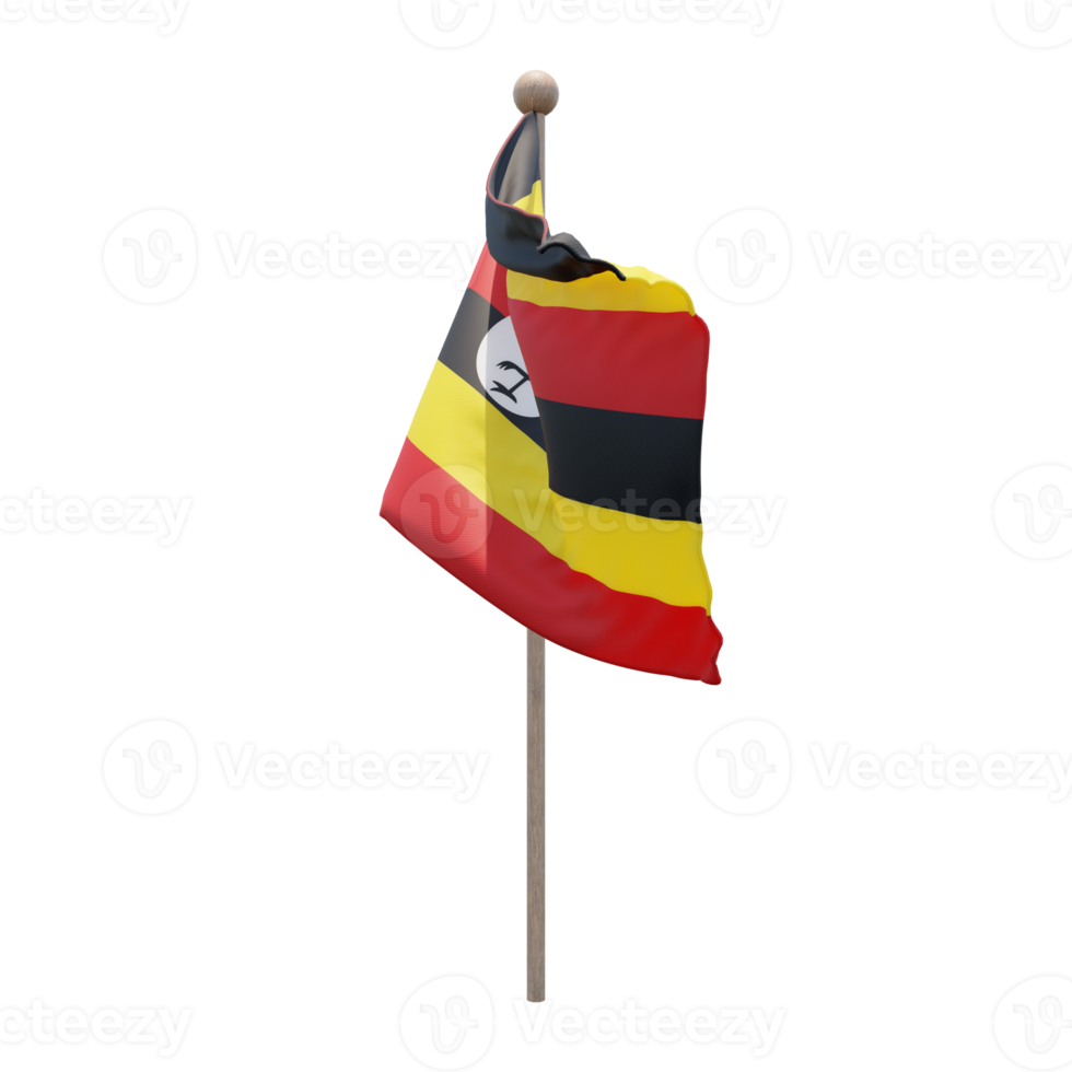 Uganda 3d illustration flag on pole. Wood flagpole png