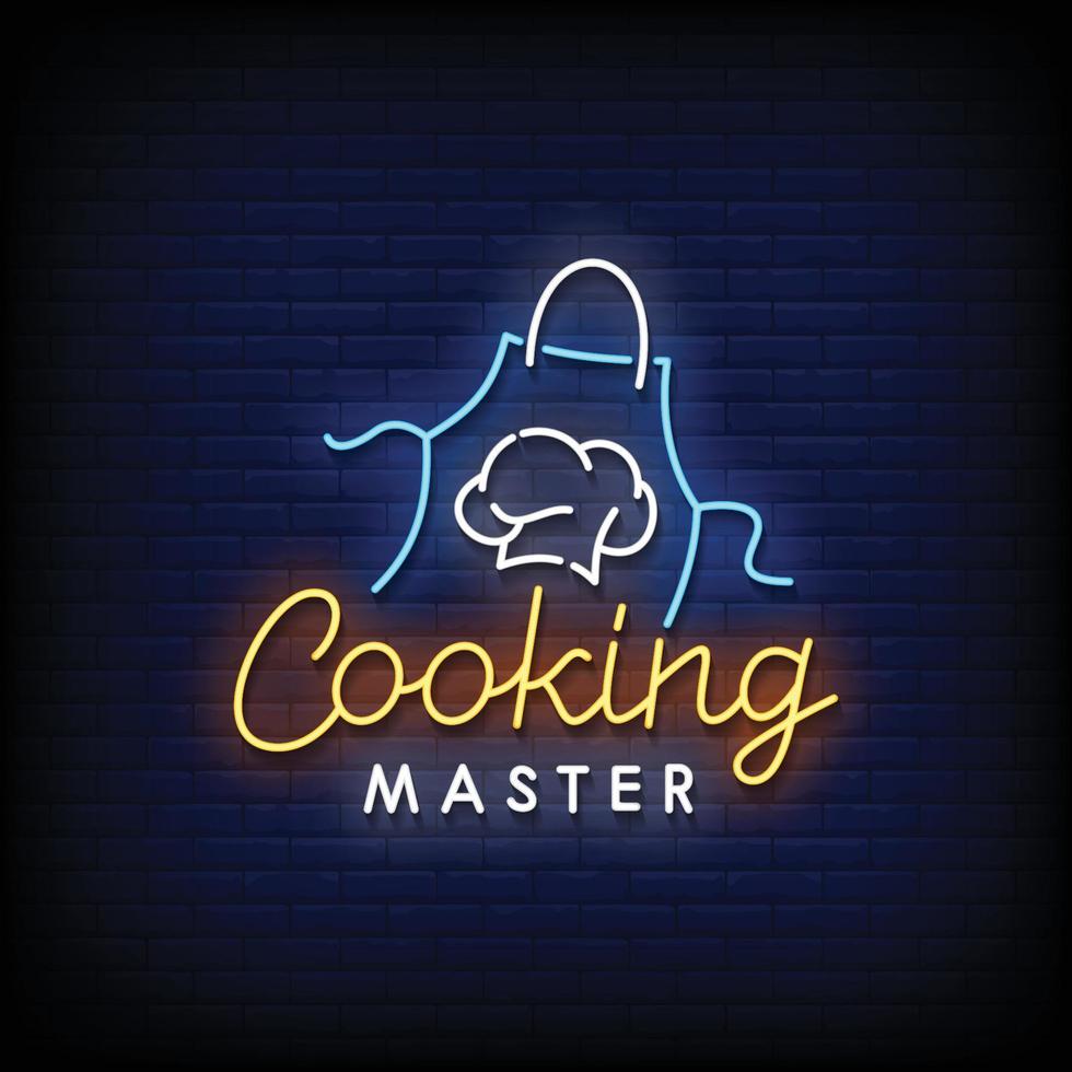 Neon Sign cooking master with Brick Wall Background vector