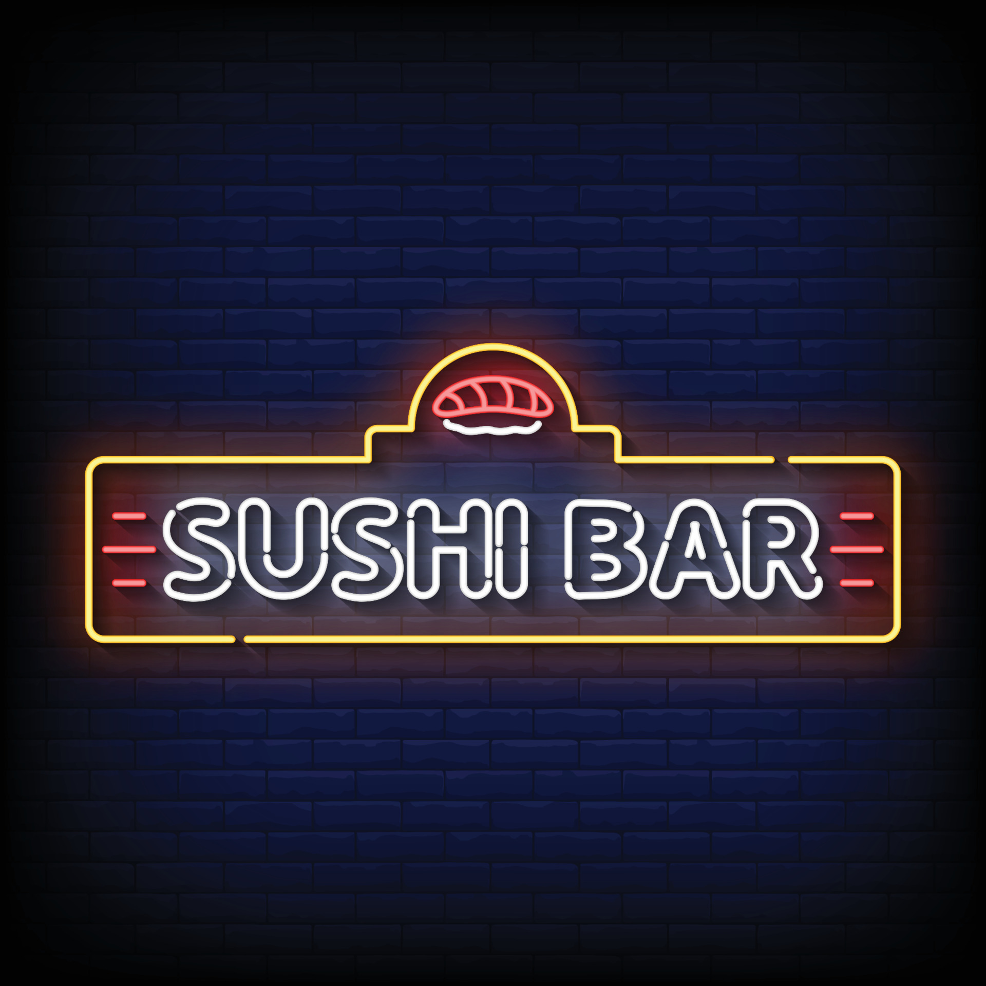 Neon Sign sushi bar with Brick Wall Background vector 11229603 Vector