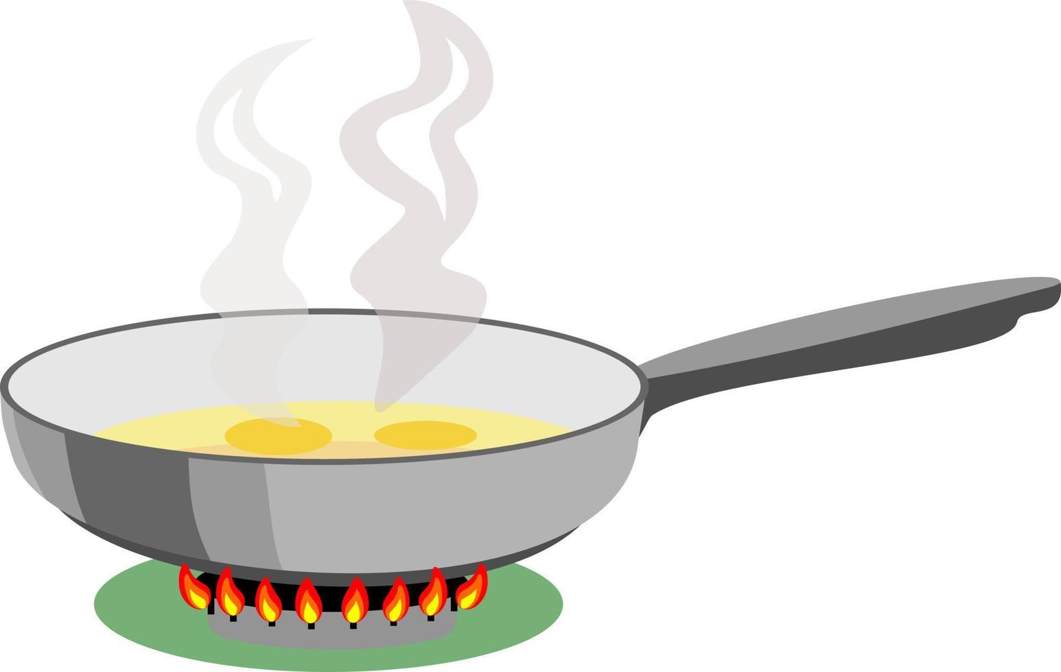 Cooking in home pan. Cartoon steel cooking pots with cooking food, concept of home dinner on stove, flaming gas burner heats kitchen vector