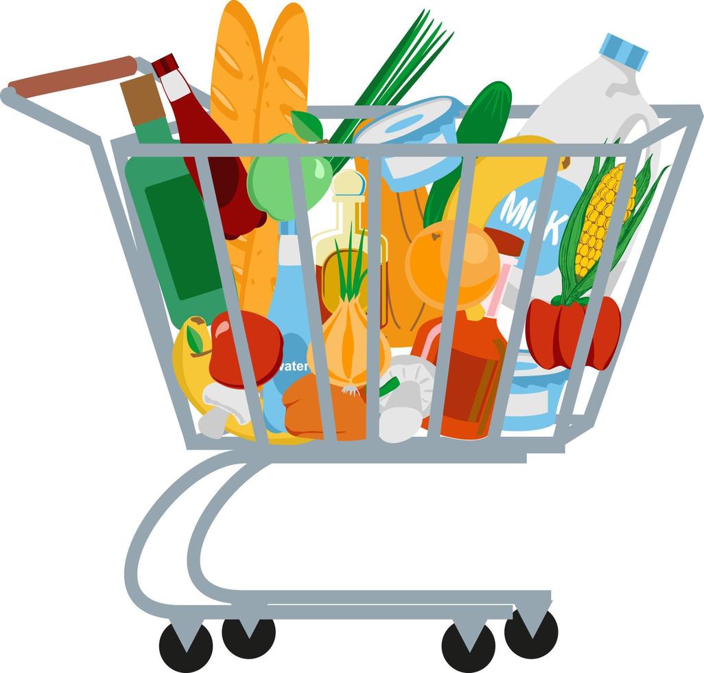 Supermarket shopping cart. Shopping trolley full of food. Vector illustration.