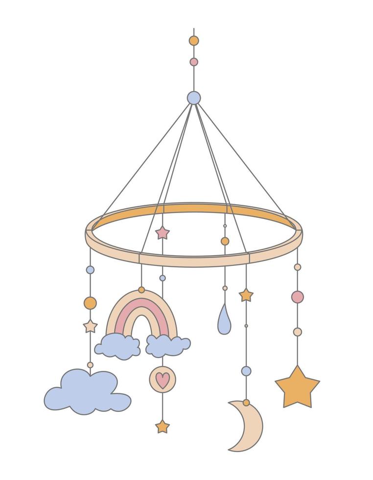 Hanging Baby Toy for Kid Bed with clouds, stars and moon. Vector illustration for Newborn Shower. Mobile for boy or girl crib