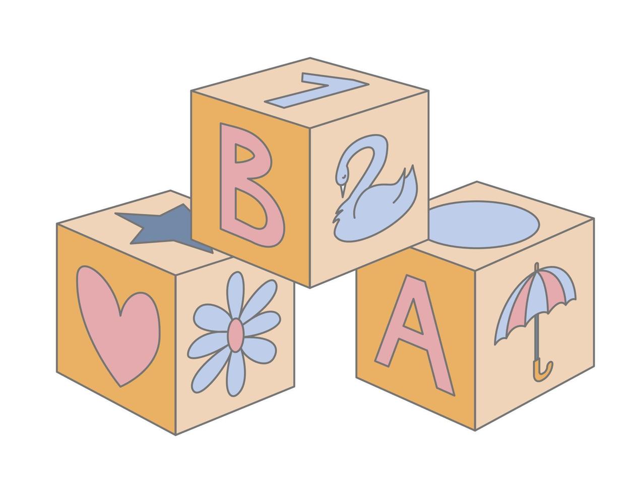 Block baby wooden Toy for building. Childish Cubes in cute pastel blue and pink colors for boy or girl. Vector illustration of kid bricks with letters