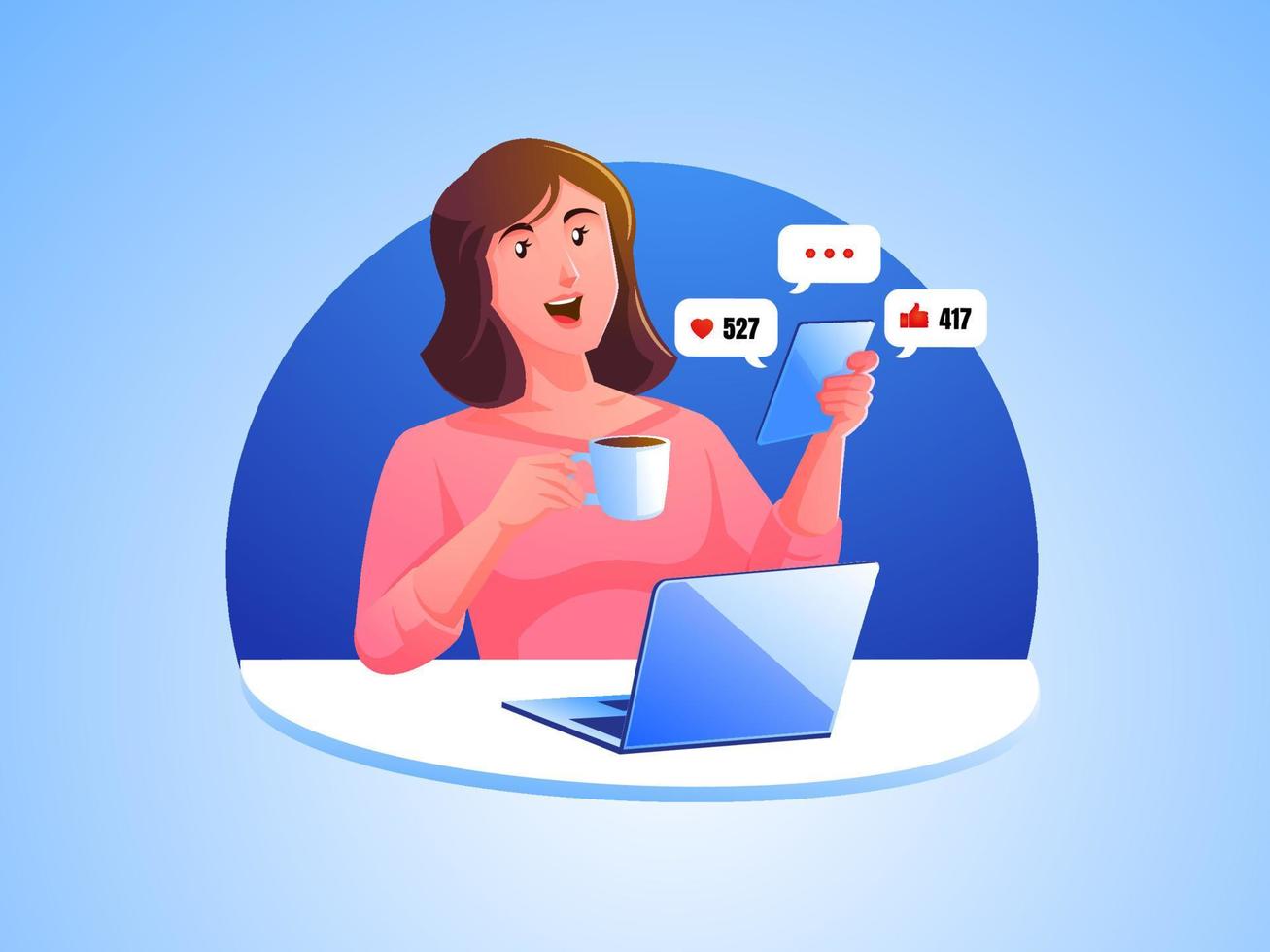 a woman sitting holding a smartphone looking at social media vector