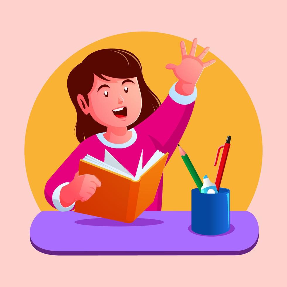 little boy studying in class and raising hand asking teacher vector