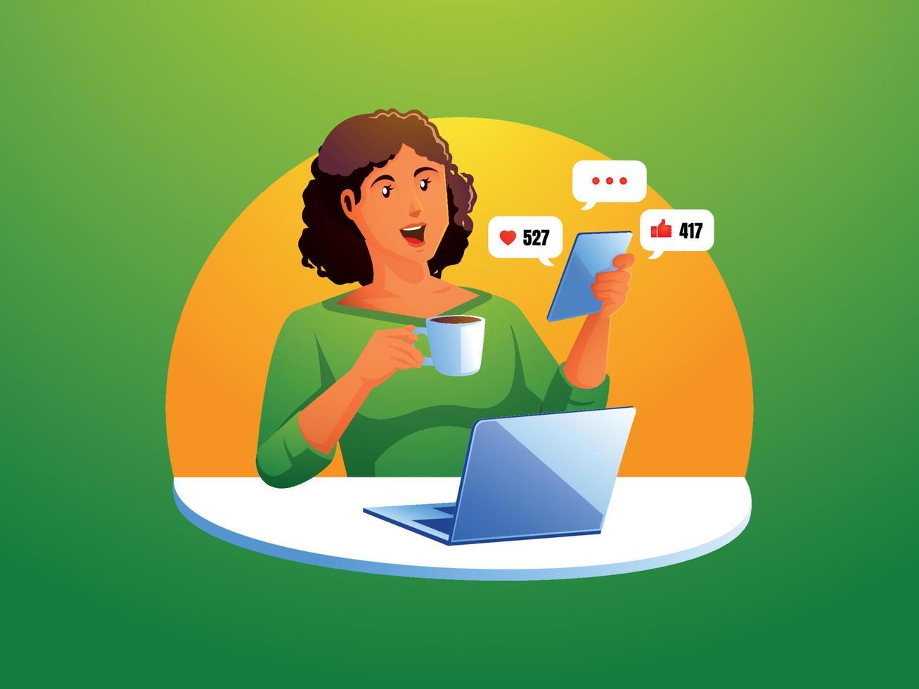 a woman sitting holding a smartphone looking at social media vector