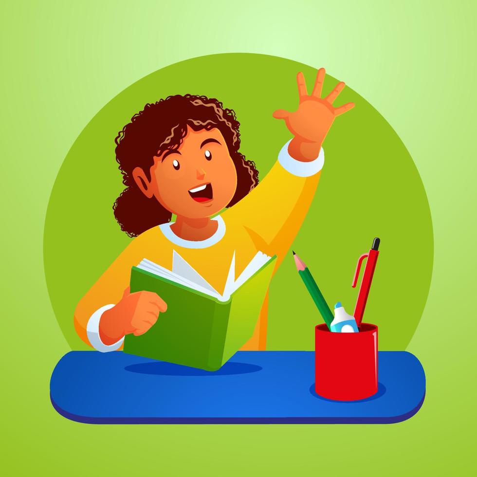 little boy studying in class and raising hand asking teacherPrint vector