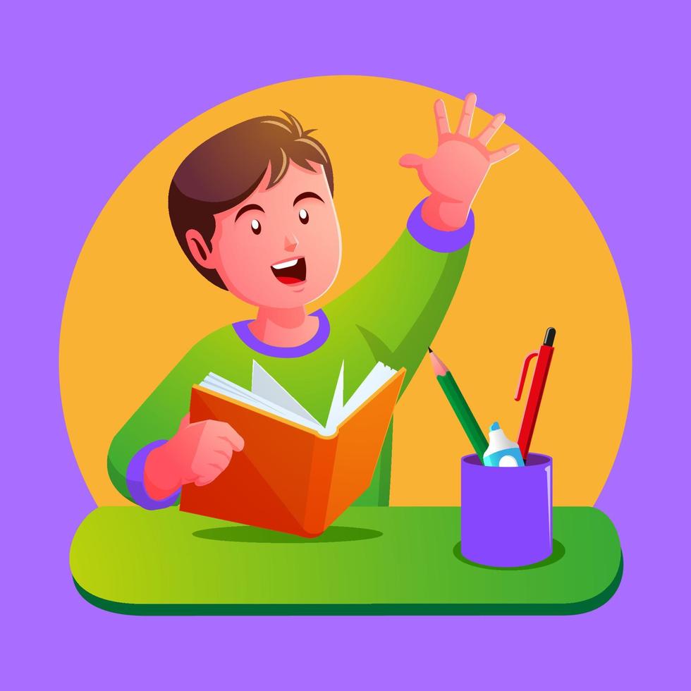 little boy studying in class and raising hand asking teacher vector