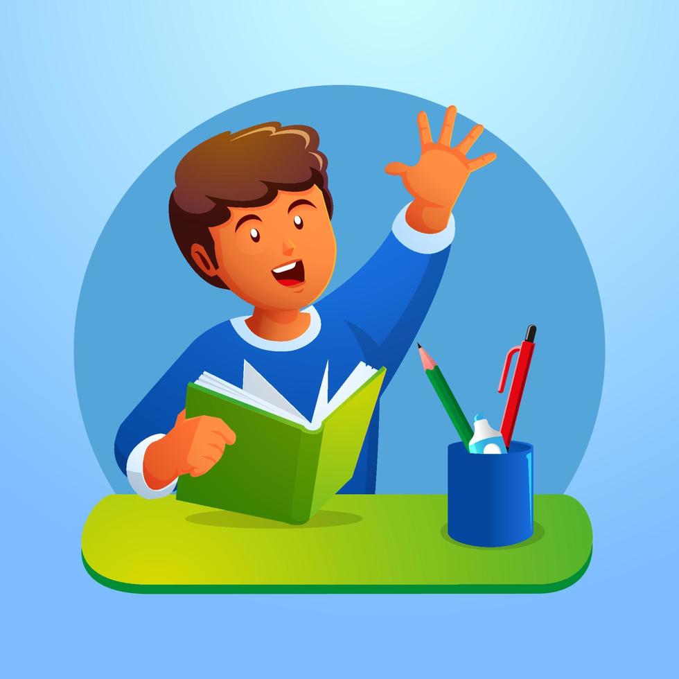 little boy studying in class and raising hand asking teacher vector