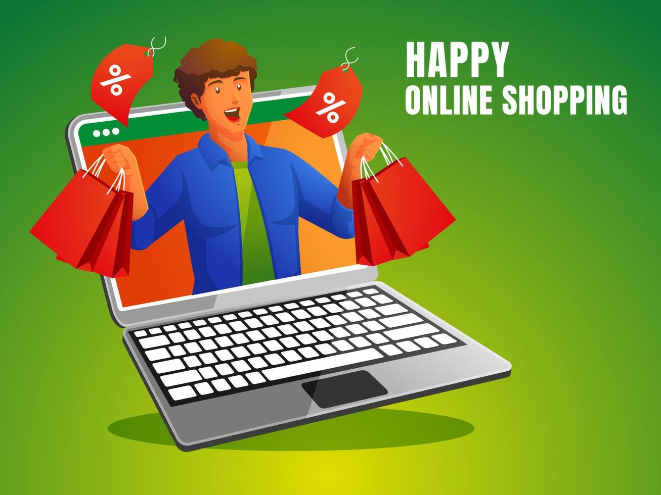 un hombre de compras feliz con una computadora portátil vector