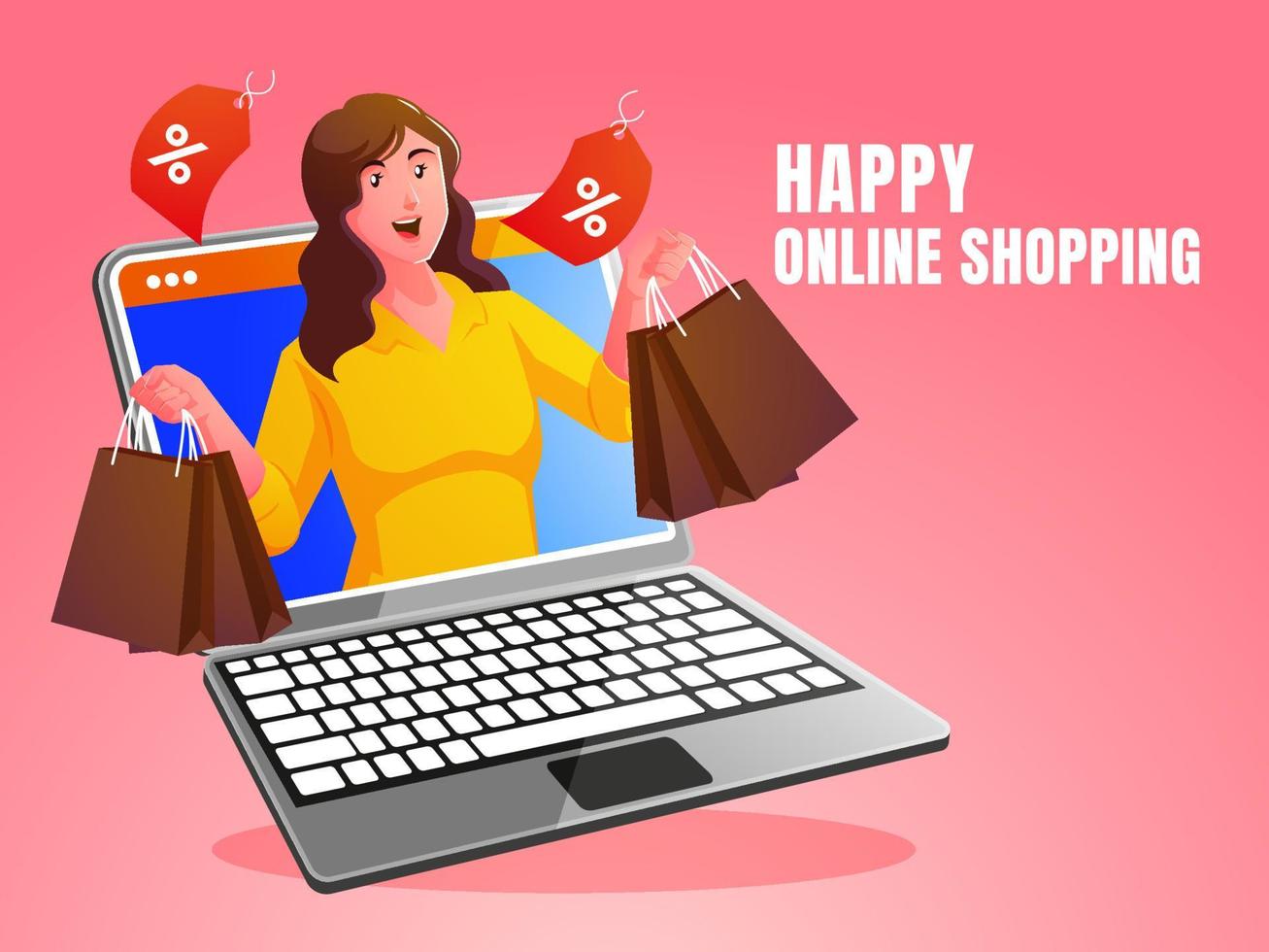 a happy shopping woman with a laptop vector