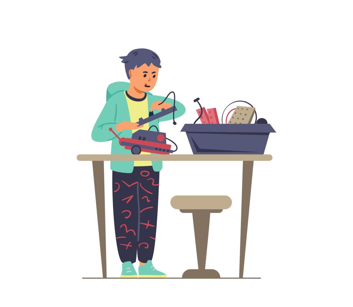 Robotics for kids flat vector illustration. Boy standing near desk with box with details making a robot.