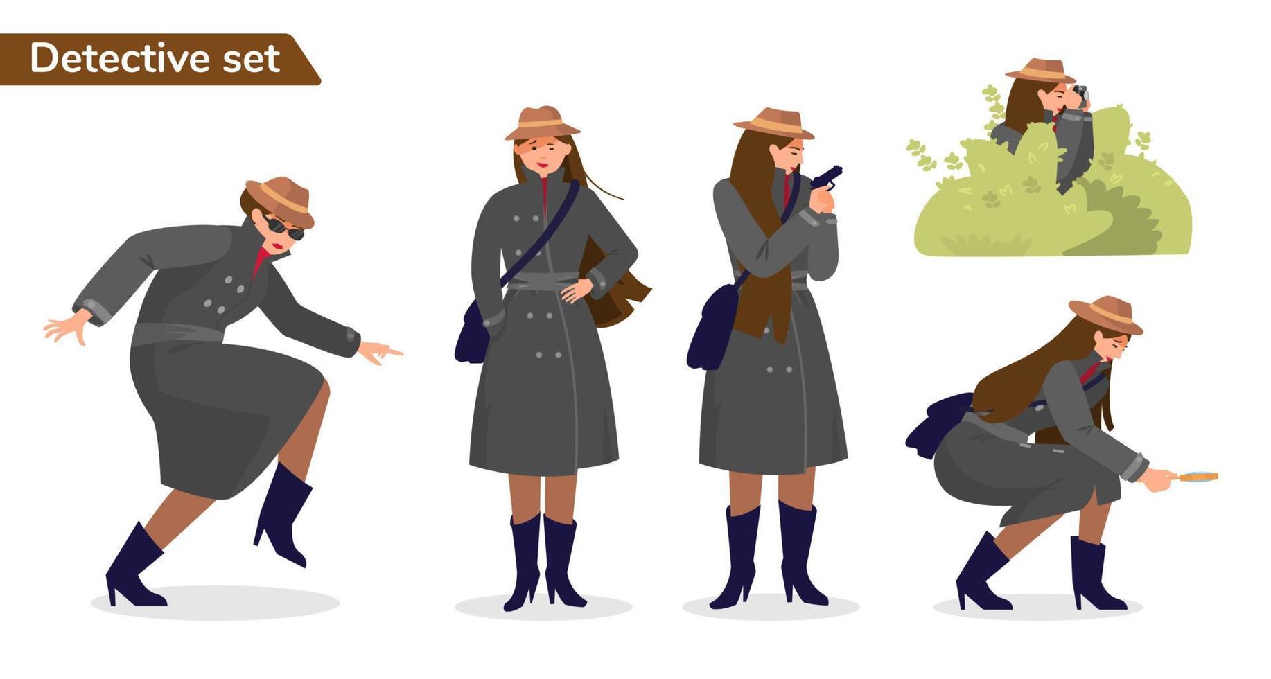 Woman detective set. Character design. Woman spy in trench coat and hat sneaks, standing, lurks with gun, looking for evidences wth loupe, making photos from the ambush. Flat vector illustration.