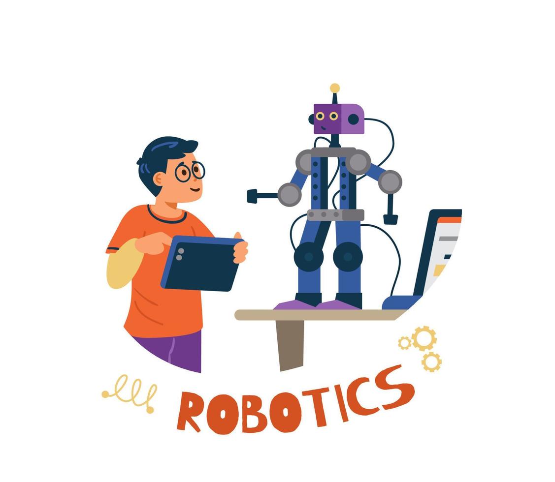 Robotics for kids flat vector illustration. Boy with tablet programming and controlling robot.