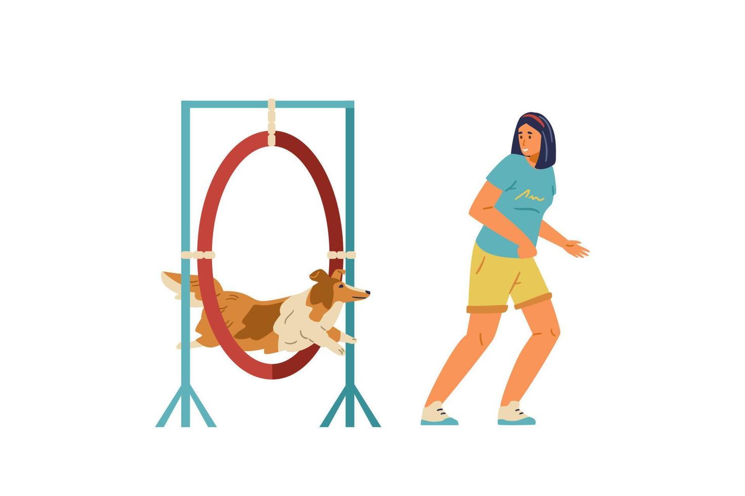 Woman training her sheltie dog on agility field. Dog jumping trough agility ring owner running alongside. Isolated. vector