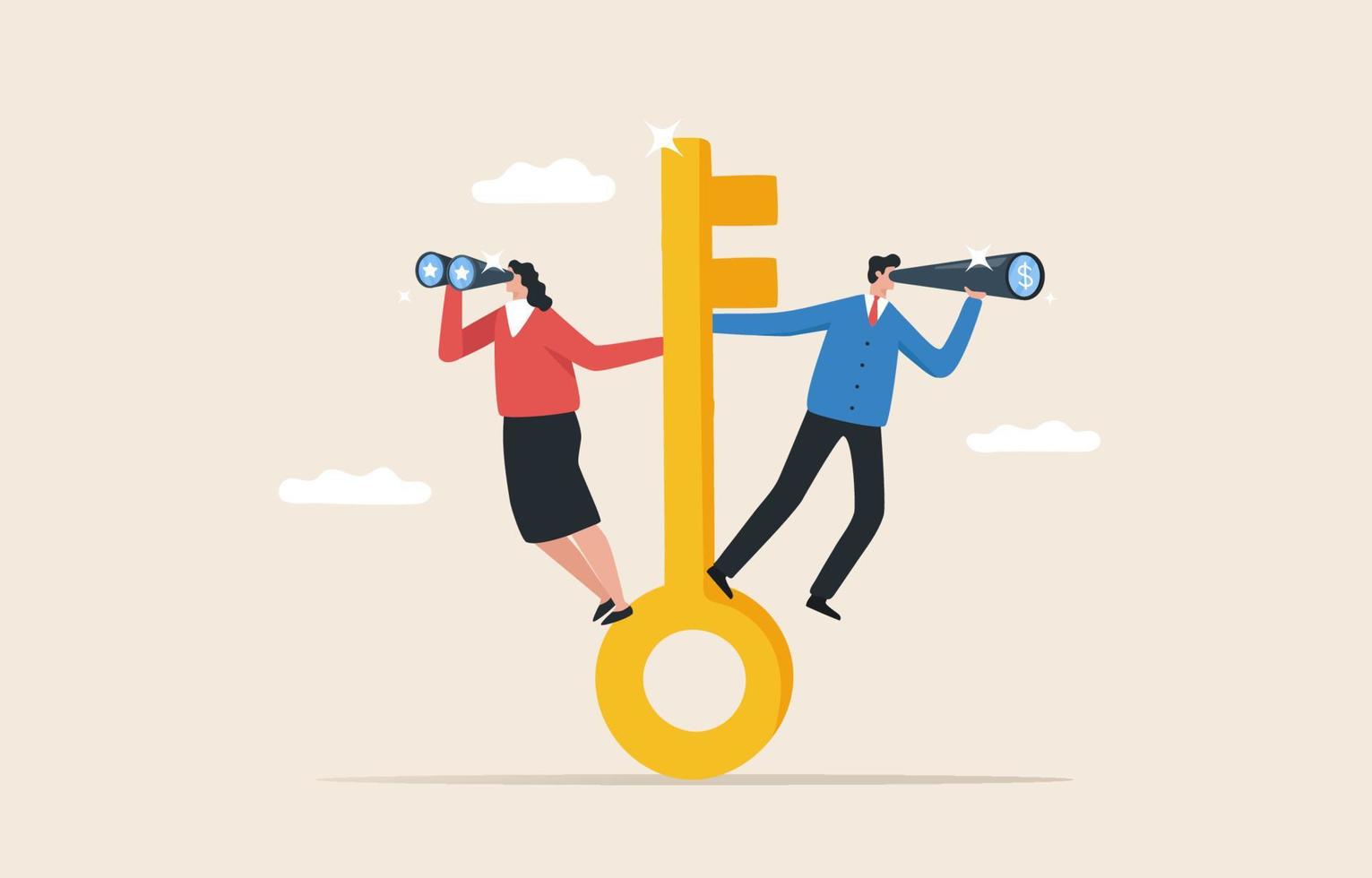 Key to Opportunity. Seizing opportunities, achieving success. Leadership vision. motivation and inspiration concept.  Businessman standing on giant key and holding binoculars. vector