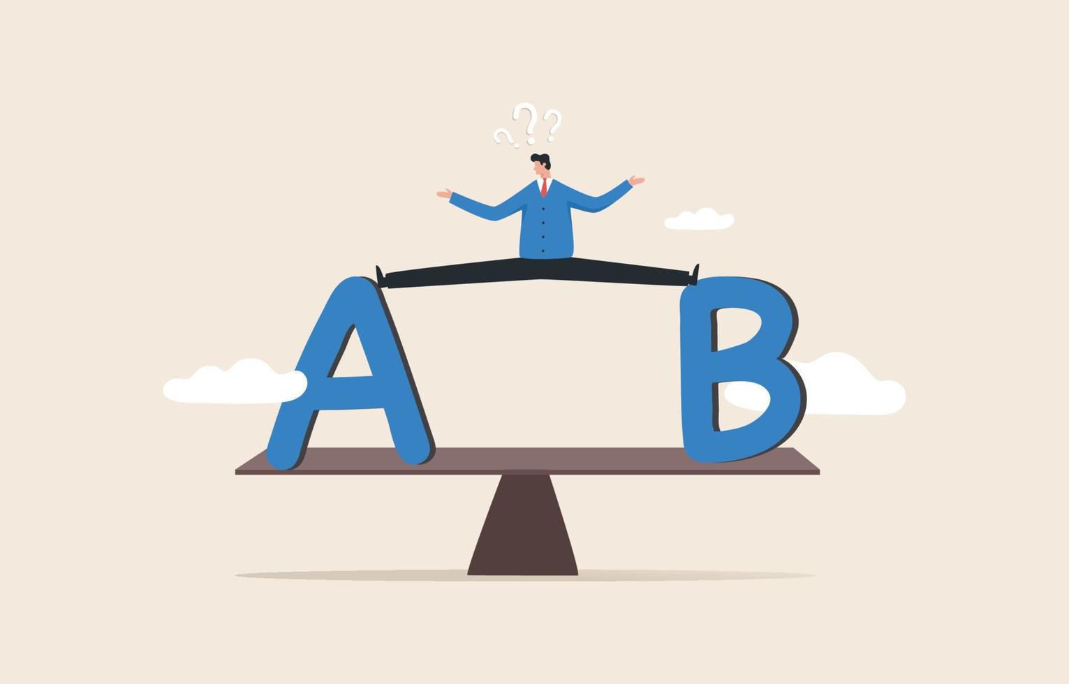 Choice A or B . Choice decision making as two path options. Think carefully for the best choice.Business with two options to choose between A or B on Wooden Seesaw. vector