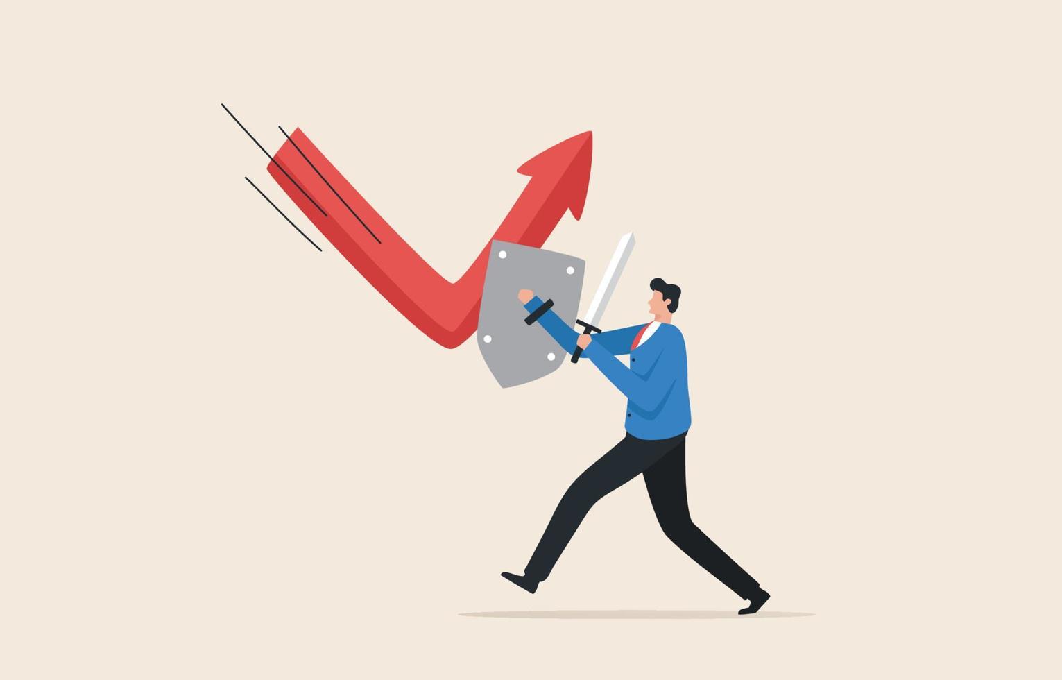 Business reversal from recession. Economic recovery. Stock market bounce back or reversal.Businessman holding a strong shield to recover the red arrow economic graph. vector