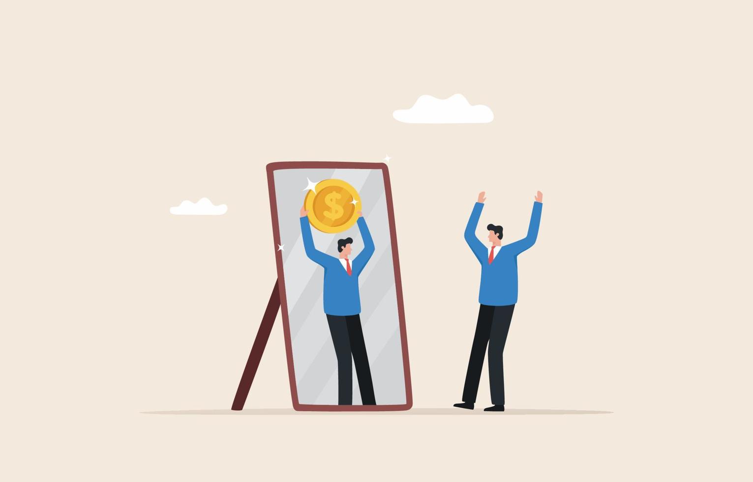 Comparing financial success and failure. Self-development for success. Check your financial goals. Businessman standing and looking at himself in the mirror holding a money coin. vector