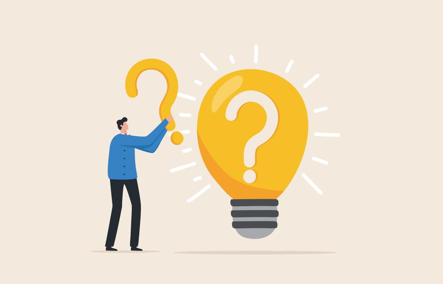 Solving business problems. Decisions and solutions using ideas. Businessman stand with question mark sign and light bulb. vector