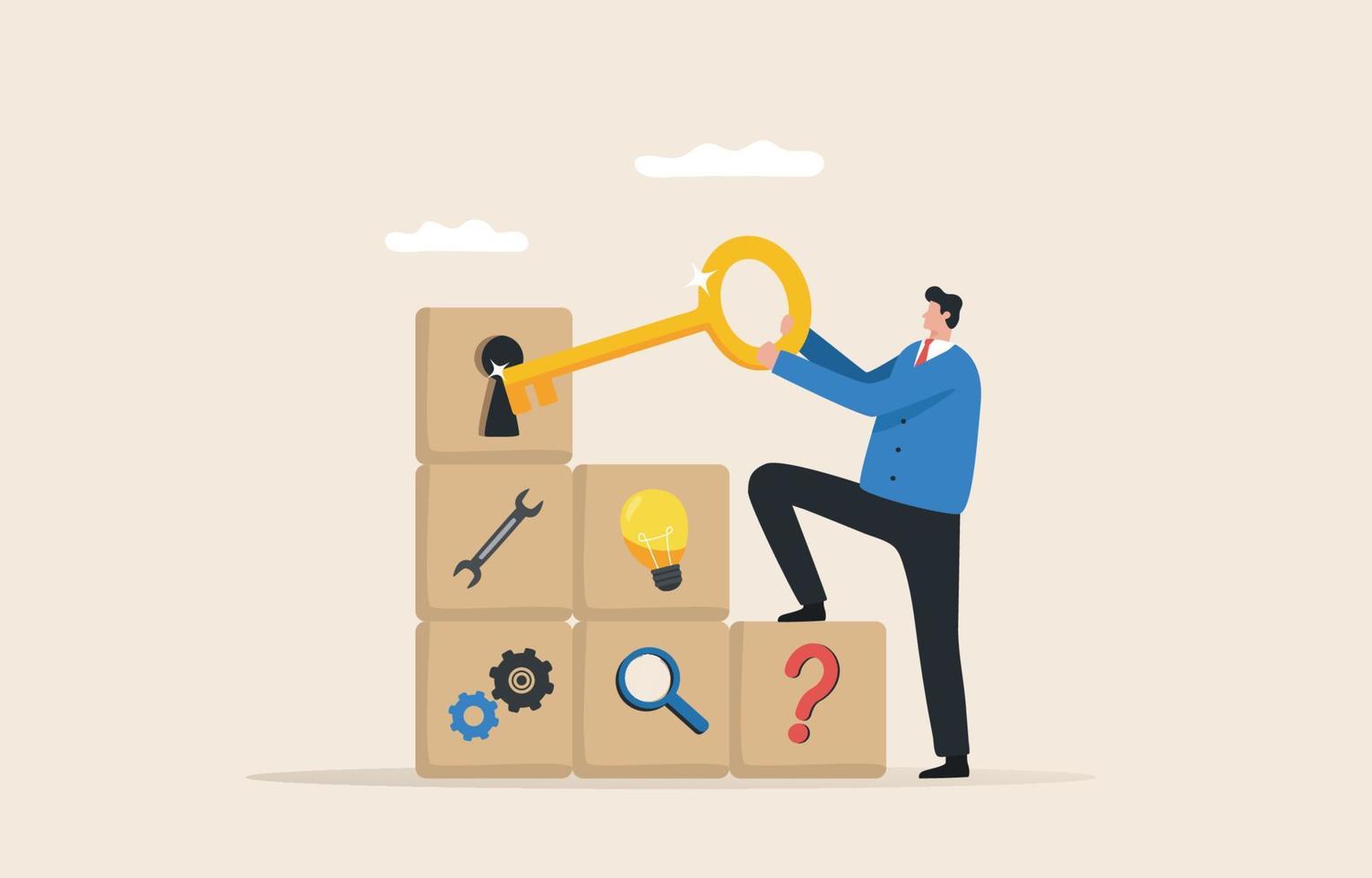 The key to successful process improvement. Main business direction Successful career goals and strategies. Leading the process of working towards the goal. Businessman with gold keys. vector