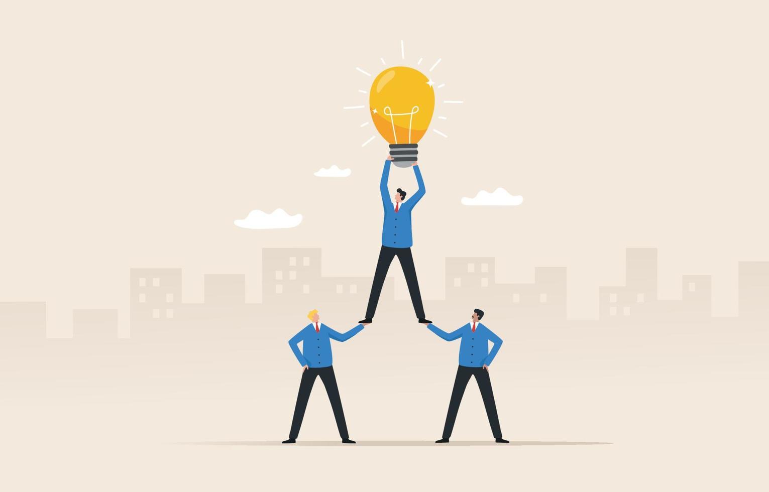 Teamwork creative success. Innovative ideas to drive teams. unity of employee. Team of businessmen hold a large light bulb. vector