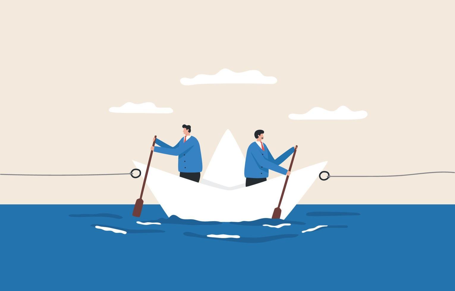 Choosing the direction of the business. Different opinions. Two choices that must be decided.  Two men rowing in opposite direction. vector