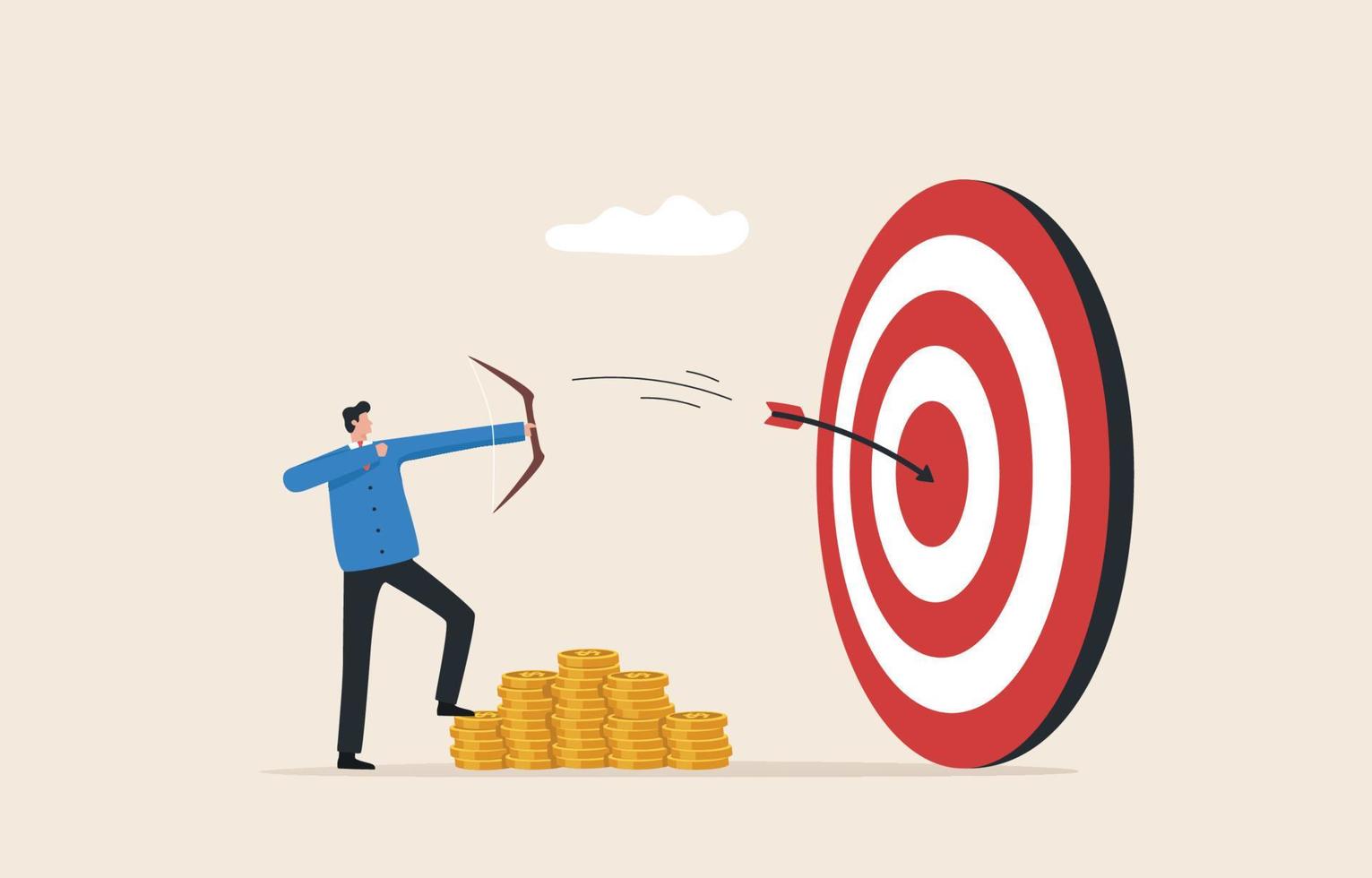 business goals or duties and responsibilities. complete project goals and reward bonuses, businessmen hit the bullseye and get monetary reward. vector