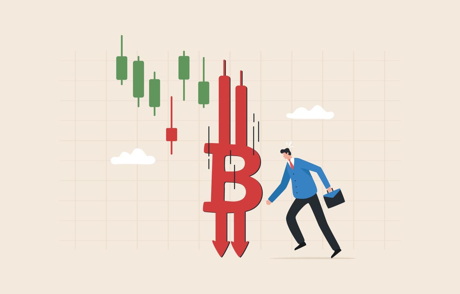 Crypto market downturn. Bitcoin price drop. Bitcoins fall from the graph chart. The picture illustrates the sharp downturn of cryptocurrency as a whole and bitcoin. vector