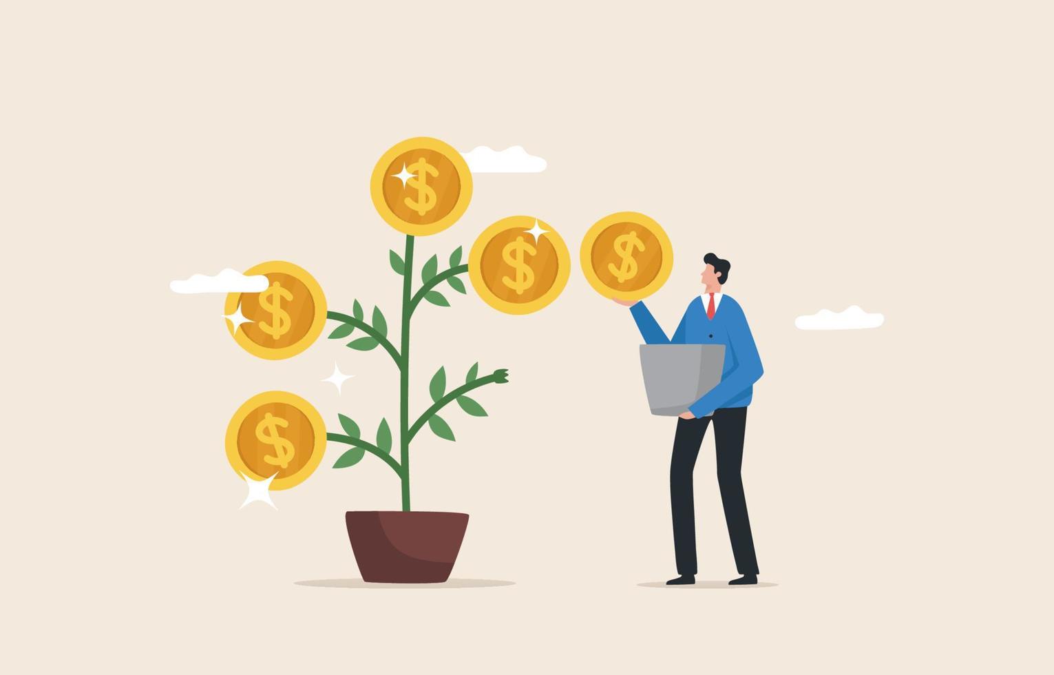 Business growth. Profit from long term investment. Creating sustainability for the business. wealth management. Businessman picking cash from a money tree. vector